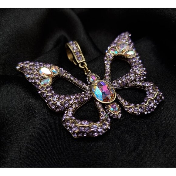 Heidi Daus Butterfly Crystal Pendant Gold-Tone Purple & Aurora Borealis Rhinesto - Picture 4 of 5